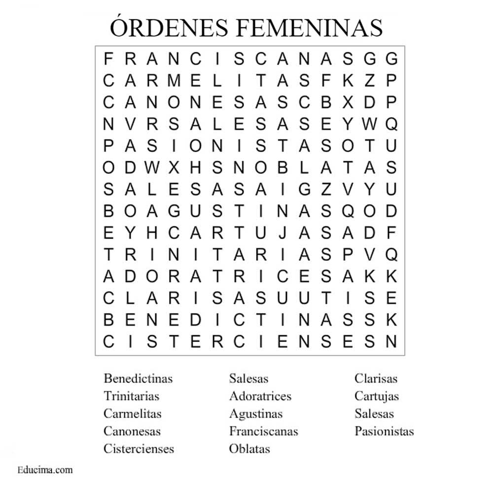 Diviértete con esta sopa de letras, encuentra las distintas congregaciones femeninas.
